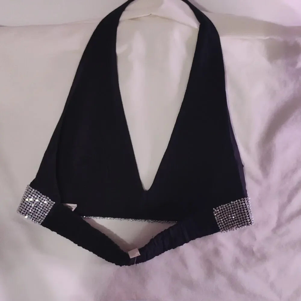 Free People Intimately Rhinestone Halter Bralette Black Adjustable Strap Size S